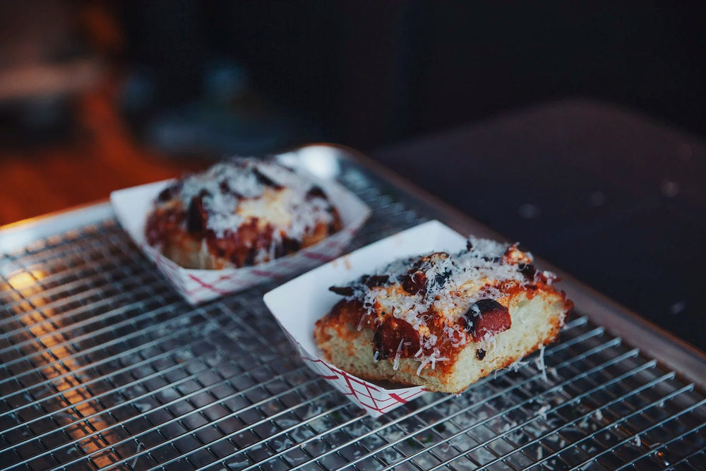 Pizza slices on a tray